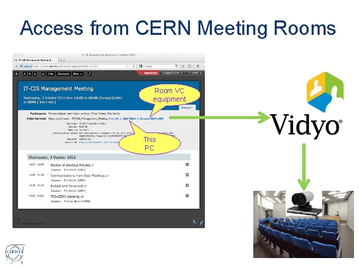 Access from CERN Meeting Rooms Room VC equipment This PC 