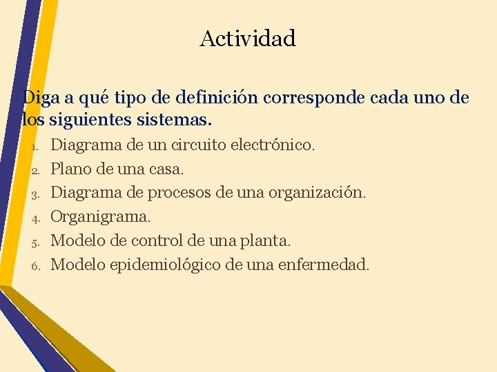 Actividad Diga a qué tipo de definición corresponde cada uno de los siguientes sistemas.