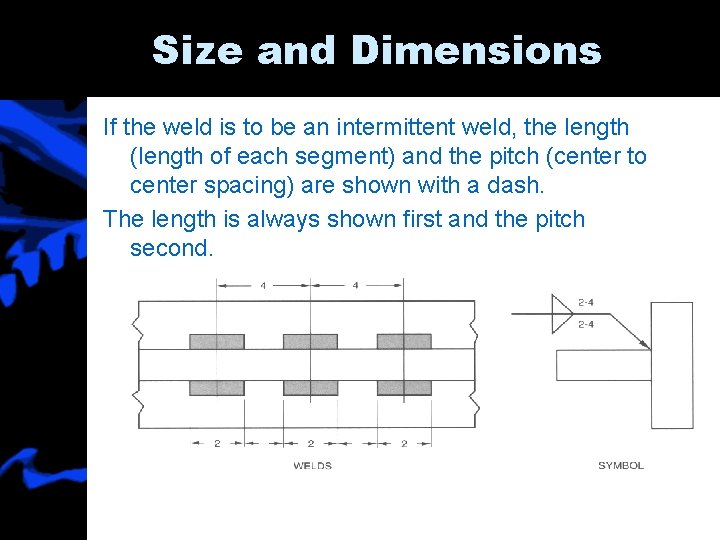 Size and Dimensions If the weld is to be an intermittent weld, the length