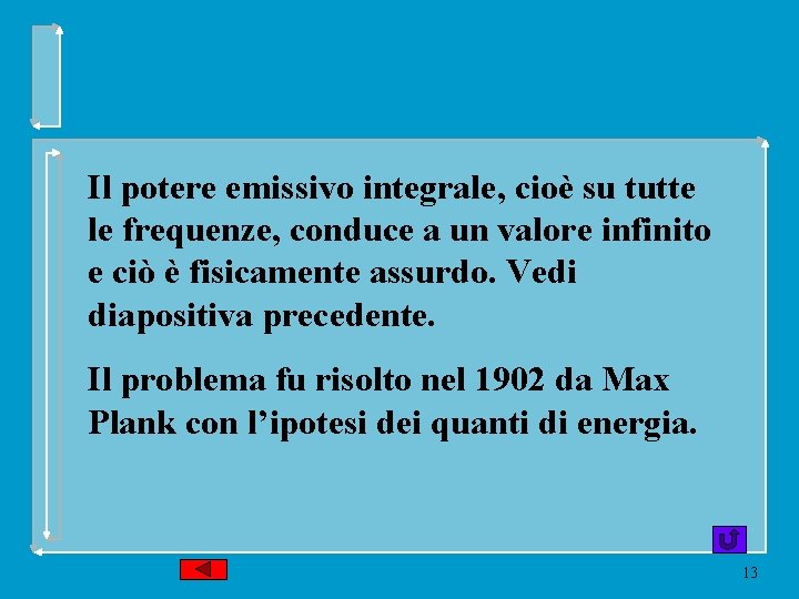 Il potere emissivo integrale, cioè su tutte le frequenze, conduce a un valore infinito