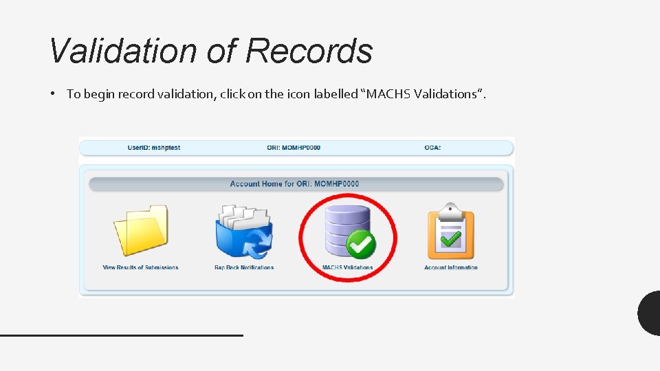 Validation of Records • To begin record validation, click on the icon labelled “MACHS