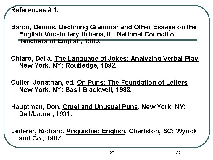 References # 1: Baron, Dennis. Declining Grammar and Other Essays on the English Vocabulary