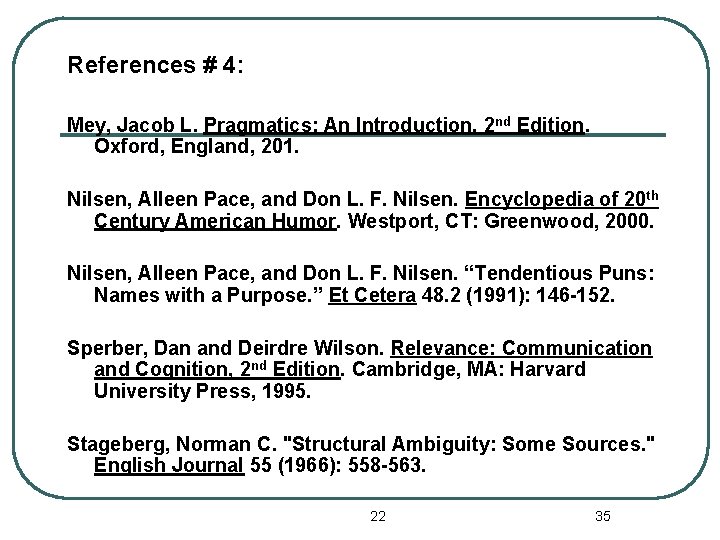References # 4: Mey, Jacob L. Pragmatics: An Introduction, 2 nd Edition. Oxford, England,