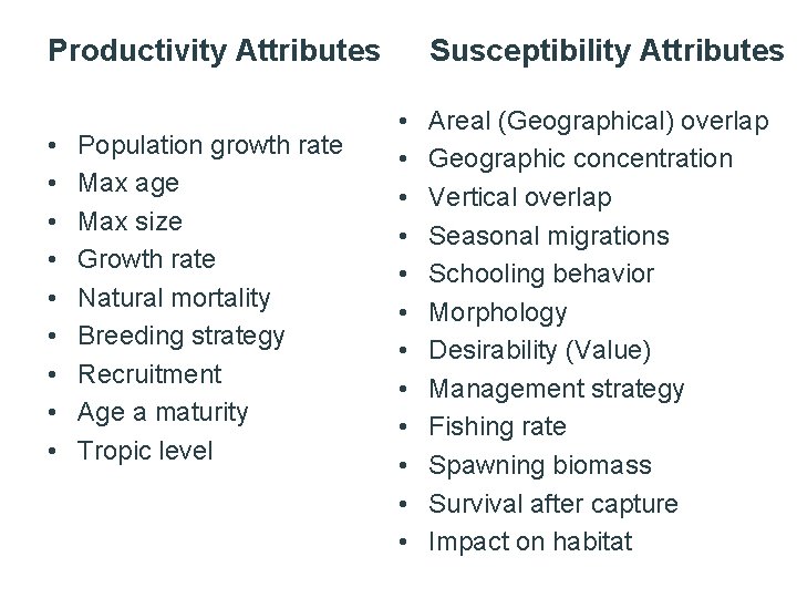 Productivity Attributes • • • Population growth rate Max age Max size Growth rate