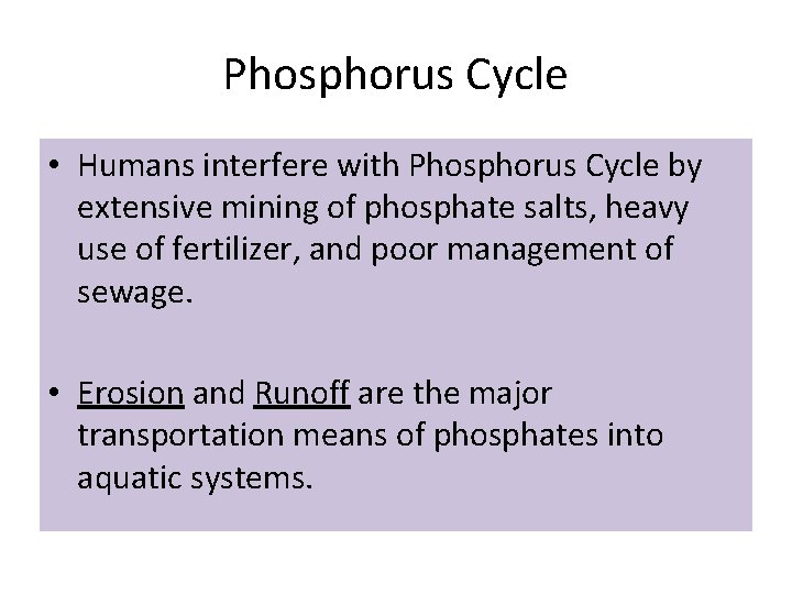 Phosphorus Cycle • Humans interfere with Phosphorus Cycle by extensive mining of phosphate salts,