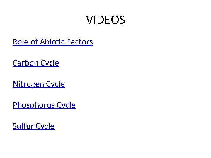 VIDEOS Role of Abiotic Factors Carbon Cycle Nitrogen Cycle Phosphorus Cycle Sulfur Cycle 