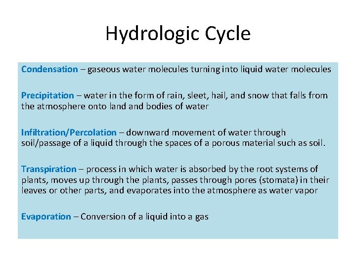 Hydrologic Cycle Condensation – gaseous water molecules turning into liquid water molecules Precipitation –