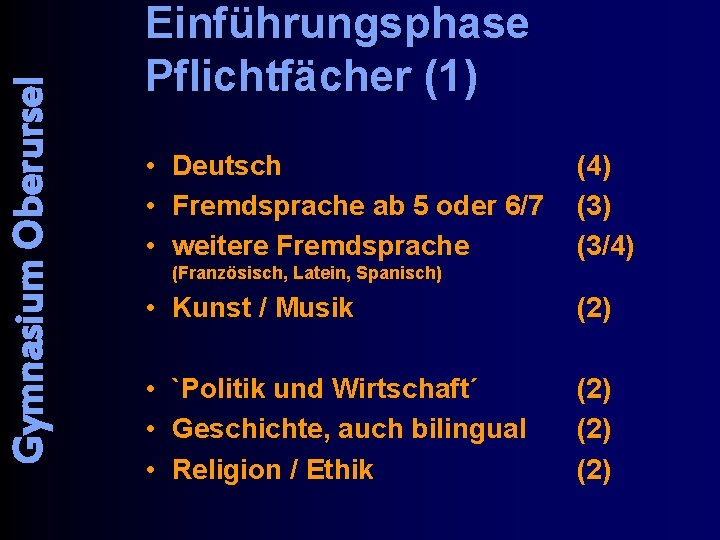 Gymnasium Oberursel Einführungsphase Pflichtfächer (1) • Deutsch • Fremdsprache ab 5 oder 6/7 •