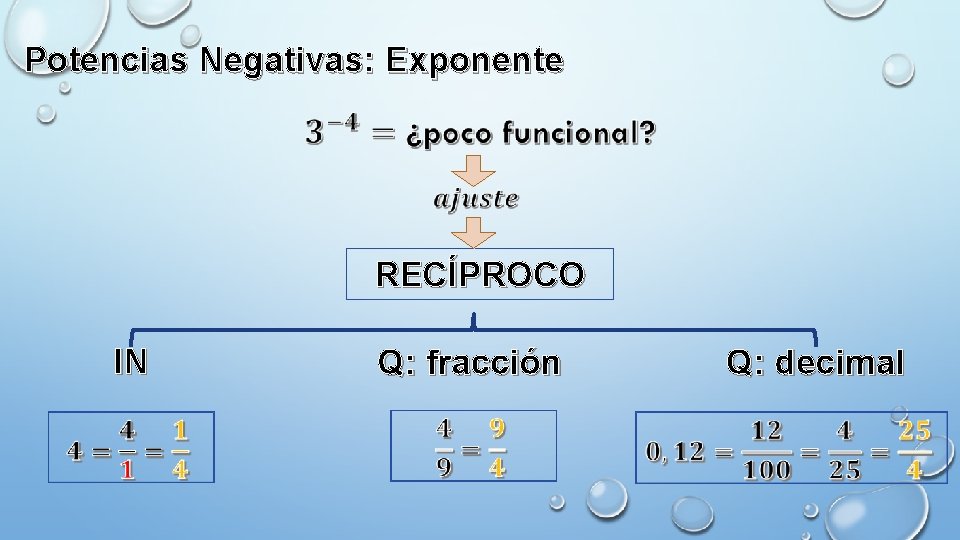 Potencias Negativas: Exponente RECÍPROCO l. N Q: fracción Q: decimal 