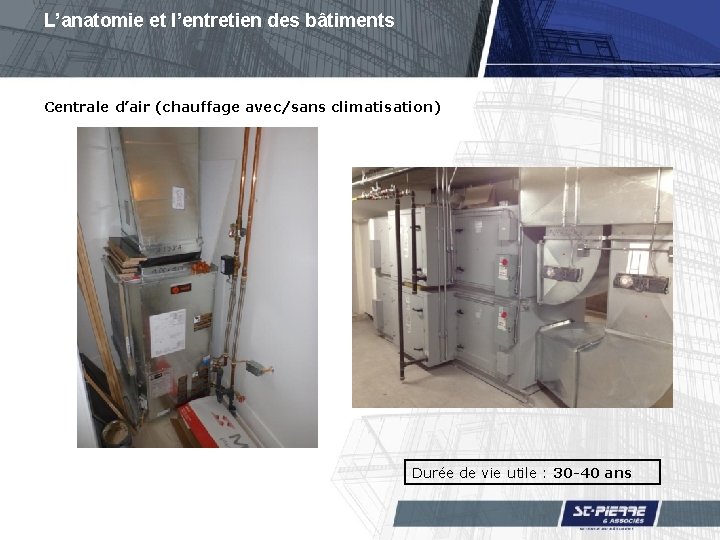 L’anatomie et l’entretien des bâtiments Centrale d’air (chauffage avec/sans climatisation) Durée de vie utile