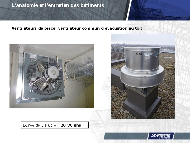 L’anatomie et l’entretien des bâtiments Ventilateurs de pièce, ventilateur commun d’évacuation au toit Durée