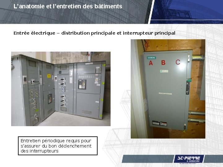 L’anatomie et l’entretien des bâtiments Entrée électrique – distribution principale et interrupteur principal Entretien