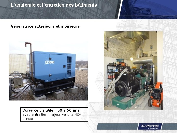 L’anatomie et l’entretien des bâtiments Génératrice extérieure et intérieure Durée de vie utile :