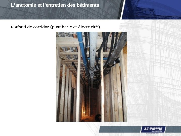 L’anatomie et l’entretien des bâtiments Plafond de corridor (plomberie et électricité) 