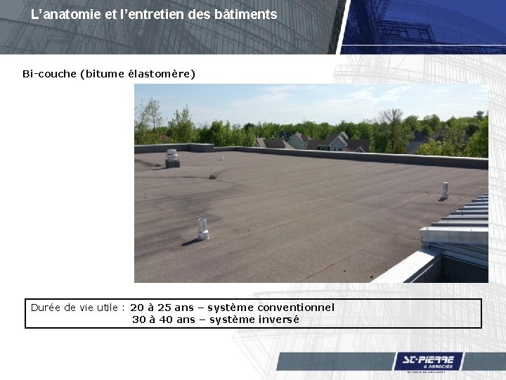 L’anatomie et l’entretien des bâtiments Bi-couche (bitume élastomère) Durée de vie utile : 20