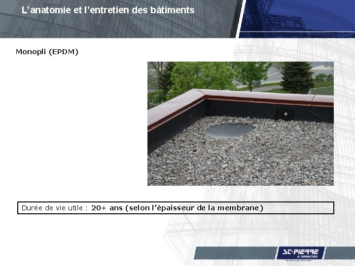 L’anatomie et l’entretien des bâtiments Monopli (EPDM) Durée de vie utile : 20+ ans