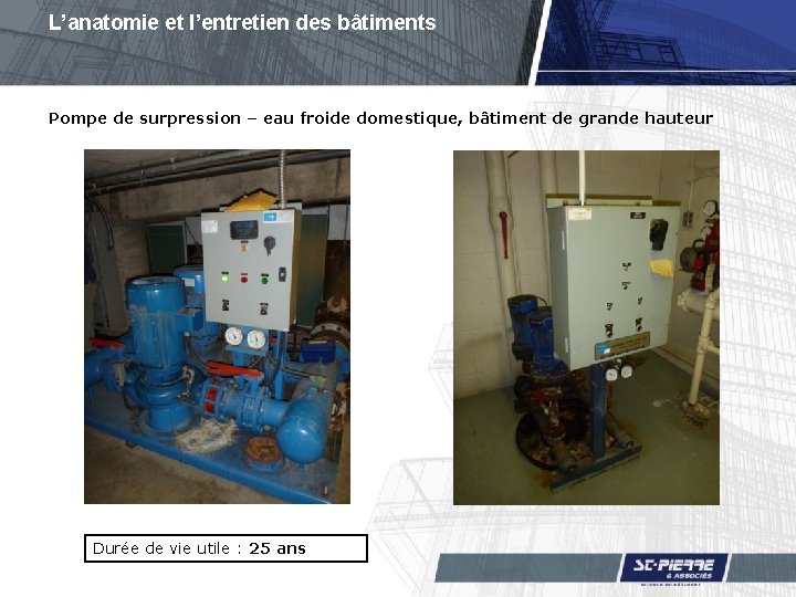 L’anatomie et l’entretien des bâtiments Pompe de surpression – eau froide domestique, bâtiment de