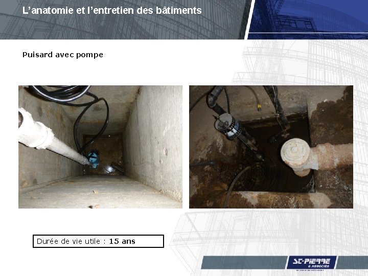 L’anatomie et l’entretien des bâtiments Puisard avec pompe Durée de vie utile : 15