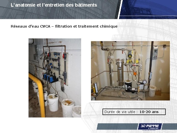 L’anatomie et l’entretien des bâtiments Réseaux d’eau CVCA – filtration et traitement chimique Durée