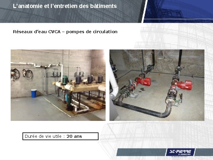 L’anatomie et l’entretien des bâtiments Réseaux d’eau CVCA – pompes de circulation Durée de