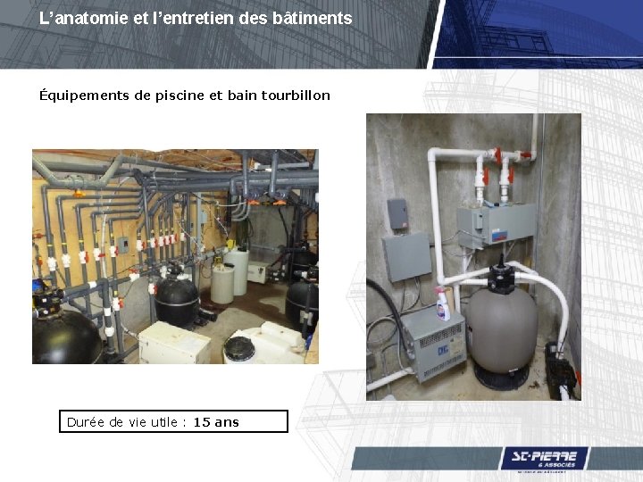 L’anatomie et l’entretien des bâtiments Équipements de piscine et bain tourbillon Durée de vie