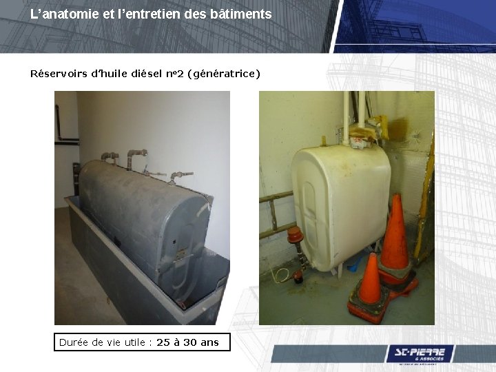 L’anatomie et l’entretien des bâtiments Réservoirs d’huile diésel no 2 (génératrice) Durée de vie