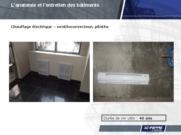 L’anatomie et l’entretien des bâtiments Chauffage électrique – ventiloconvecteur, plinthe Durée de vie utile