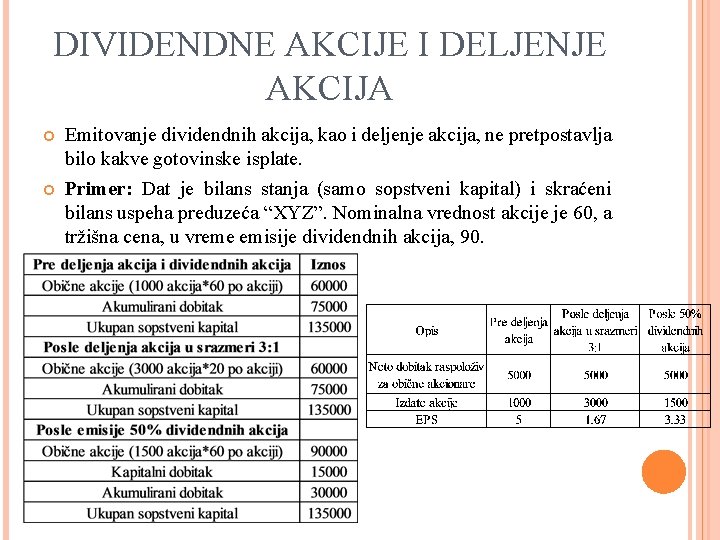 DIVIDENDNE AKCIJE I DELJENJE AKCIJA Emitovanje dividendnih akcija, kao i deljenje akcija, ne pretpostavlja