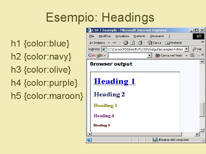 Esempio: Headings h 1 {color: blue} h 2 {color: navy} h 3 {color: olive}