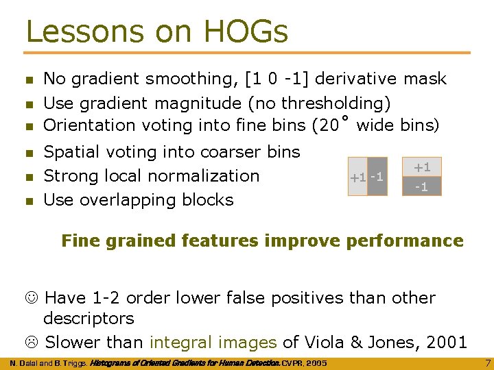 Lessons on HOGs No gradient smoothing, [1 0 -1] derivative mask Use gradient magnitude