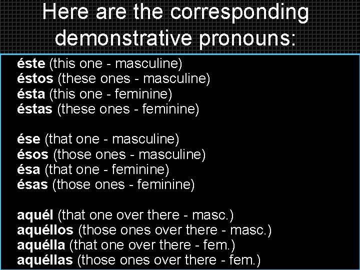 Here are the corresponding demonstrative pronouns: éste (this one - masculine) éstos (these ones