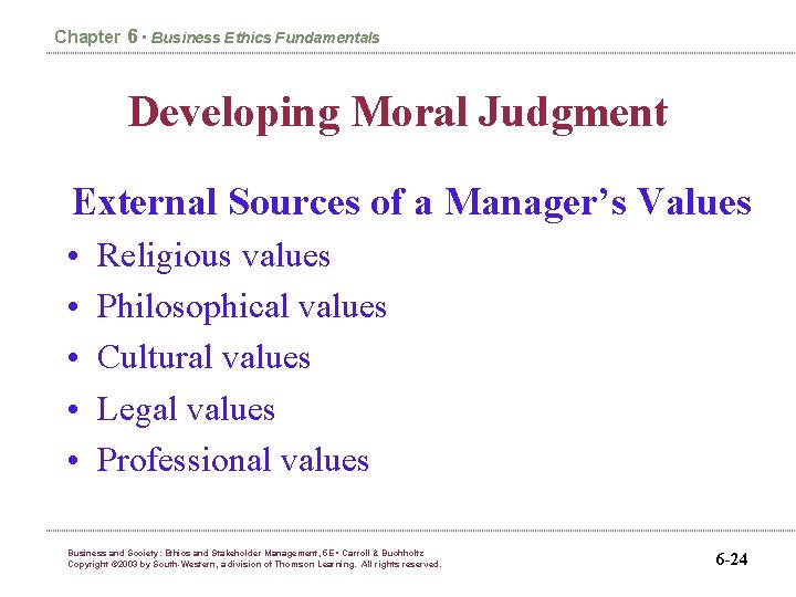 Chapter 6 • Business Ethics Fundamentals Developing Moral Judgment External Sources of a Manager’s