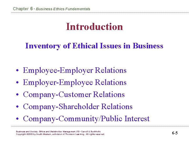 Chapter 6 • Business Ethics Fundamentals Introduction Inventory of Ethical Issues in Business •