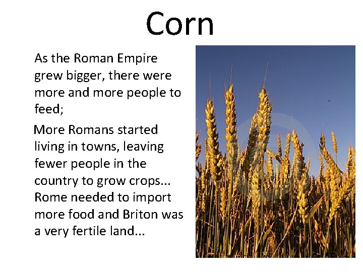 Corn As the Roman Empire grew bigger, there were more and more people to