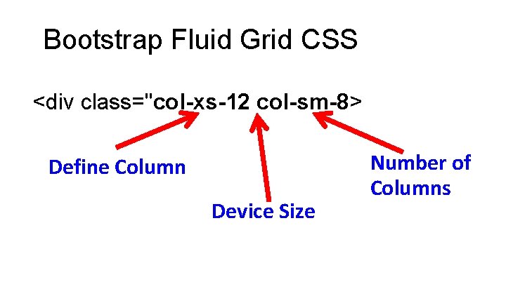 Bootstrap Fluid Grid CSS <div class="col-xs-12 col-sm-8> Define Column Device Size Number of Columns