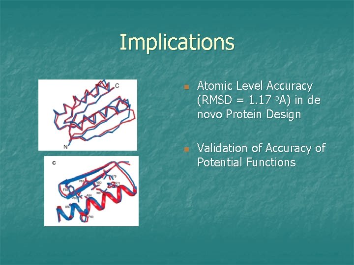 Implications n n Atomic Level Accuracy (RMSD = 1. 17 o. A) in de