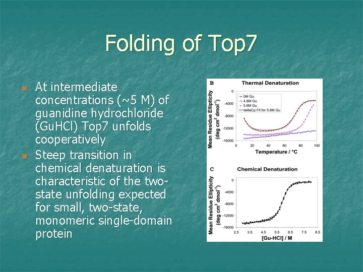 Folding of Top 7 n n At intermediate concentrations (~5 M) of guanidine hydrochloride