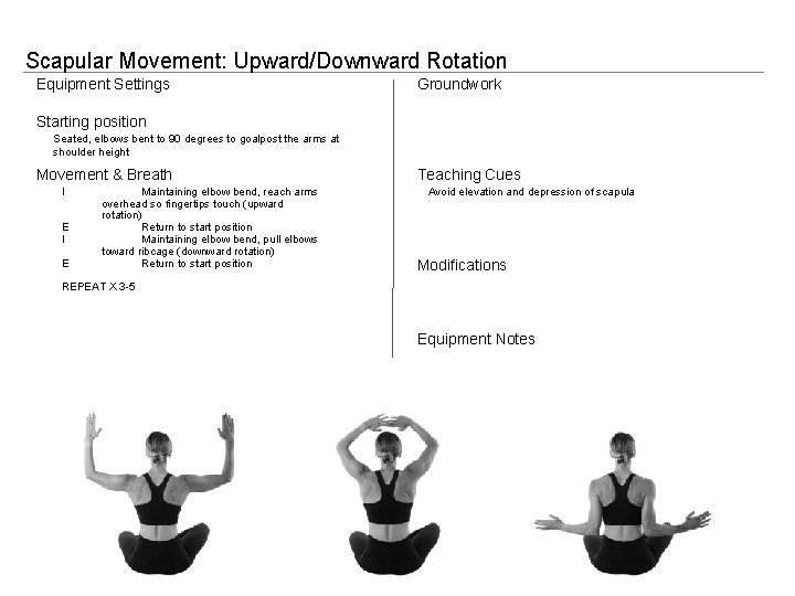 Scapular Movement: Upward/Downward Rotation Equipment Settings Groundwork Starting position Seated, elbows bent to 90