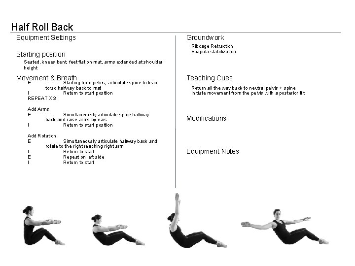 Half Roll Back Equipment Settings Starting position Groundwork Ribcage Retraction Scapula stabilization Seated, knees