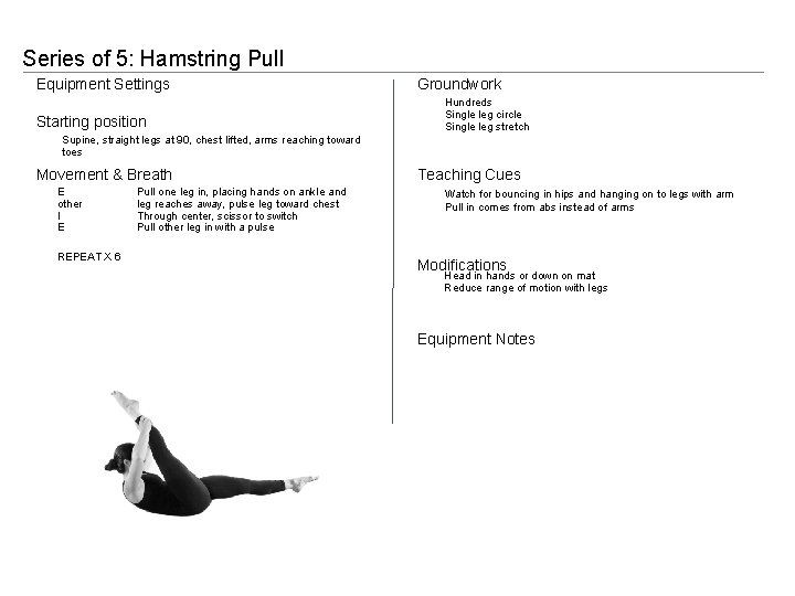 Series of 5: Hamstring Pull Equipment Settings Starting position Groundwork Hundreds Single leg circle