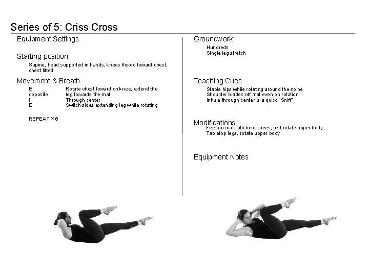 Series of 5: Criss Cross Equipment Settings Starting position Groundwork Hundreds Single leg stretch