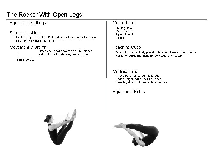 The Rocker With Open Legs Equipment Settings Starting position Seated, legs straight at 45,