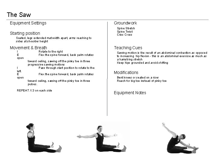 The Saw Equipment Settings Starting position Seated, legs extended mat width apart, arms reaching