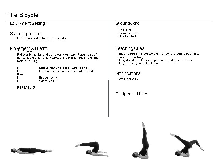 The Bicycle Equipment Settings Starting position Supine, legs extended, arms by sides Movement &