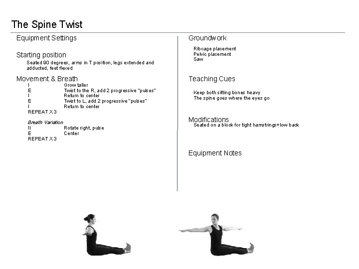 The Spine Twist Equipment Settings Starting position Seated 90 degrees, arms in T position,