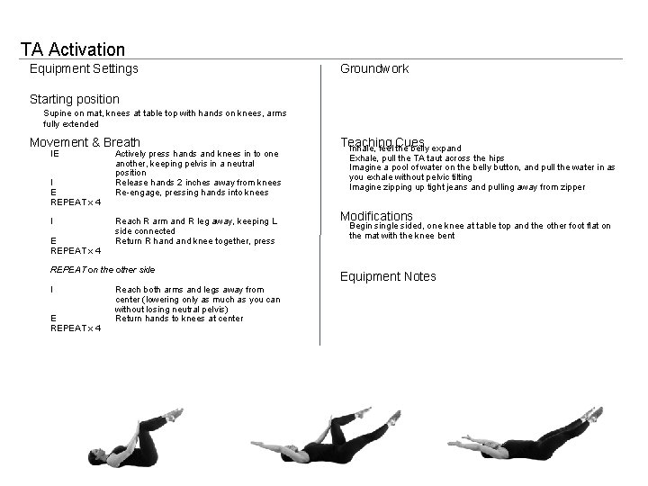 TA Activation Equipment Settings Groundwork Starting position Supine on mat, knees at table top