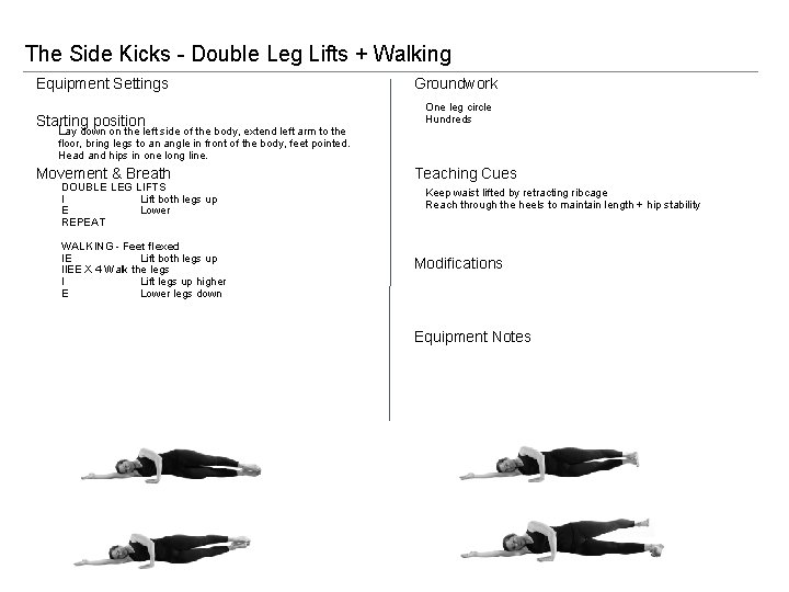 The Side Kicks - Double Leg Lifts + Walking Equipment Settings Starting position Lay