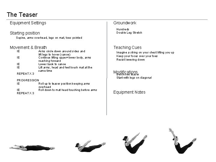 The Teaser Equipment Settings Starting position Groundwork Hundreds Double Leg Stretch Supine, arms overhead,