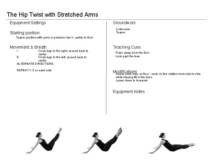 The Hip Twist with Stretched Arms Equipment Settings Starting position Groundwork Corkscrew Teaser position