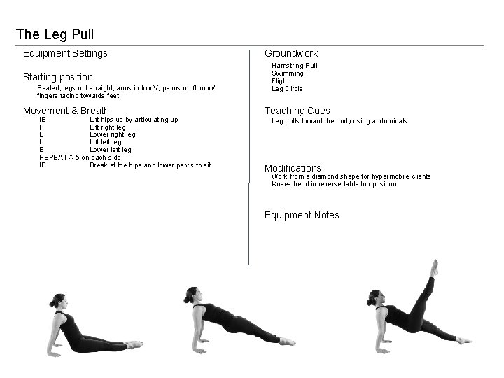 The Leg Pull Equipment Settings Starting position Seated, legs out straight, arms in low